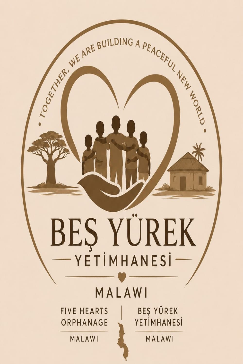 Beş Yürek Yetimhanesi Malawi bayrağı: kalbin içinde birbirine sarılmış beş çocuk, baobab ağacı ve kulübe; üstte 'Together, we are building a peaceful new world' yazısı.